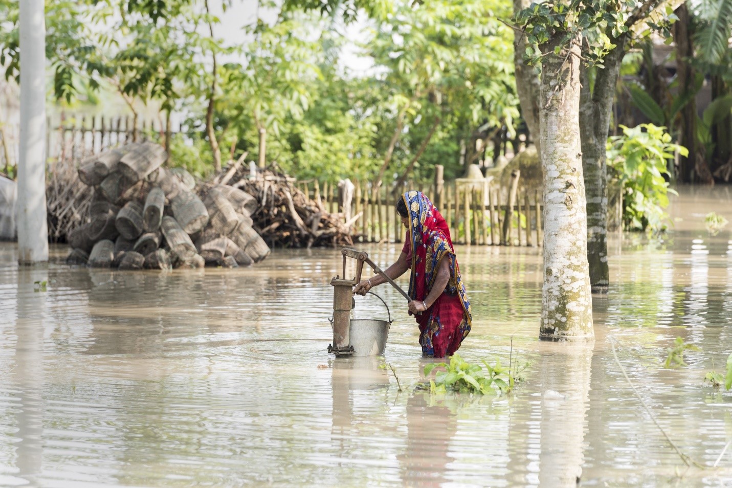 امرأة تجلب المياه في أعقاب الفيضانات العارمة التي ضربت منطقة كوريجرام في بنجلادش. صورة: برنامج الأغذية العالمي/سيد عاصف محمود