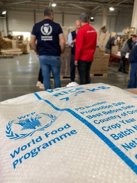 The World Food Programme has contracted the Ukrainian company Nova Posta to packages WFP food into rations from this warehouse.