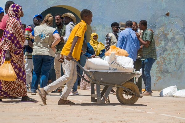 A boy in a yellow shirt pushes a wheelbarrow loaded with WFP bags as people congregate at a distribution in Sudan. Photo: WFP/Abubakar Garelnabei