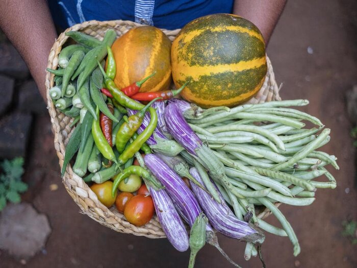 Sriyani Kusumalatha, with a bowl of freshly harvested vegetables from her garden