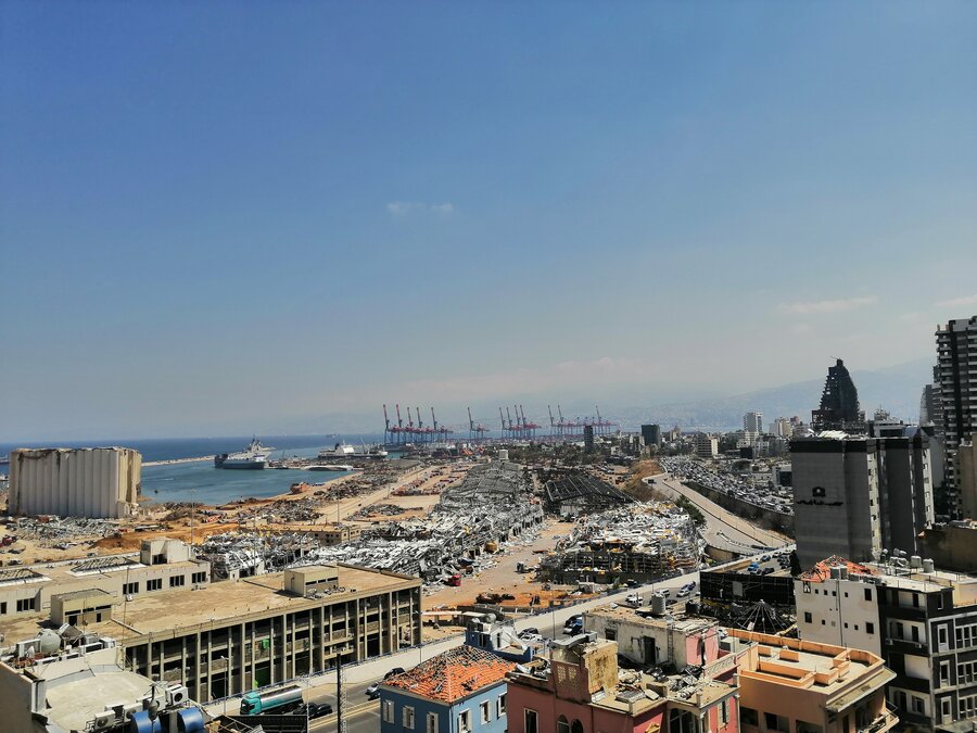 The port of Beirut from a distance with visible debris and destruction following the blast that destroyed port silos and surrounding buildings killing 200 people.