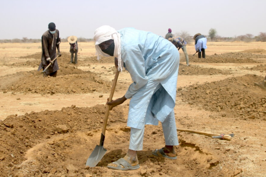 النيجر: مزارع يحفر لجمع المياه والري في إطار برنامج المساعدة الغذائية مقابل الأصول. الصورة: برنامج الأغذية العالمي / فريدريك بيتشوت