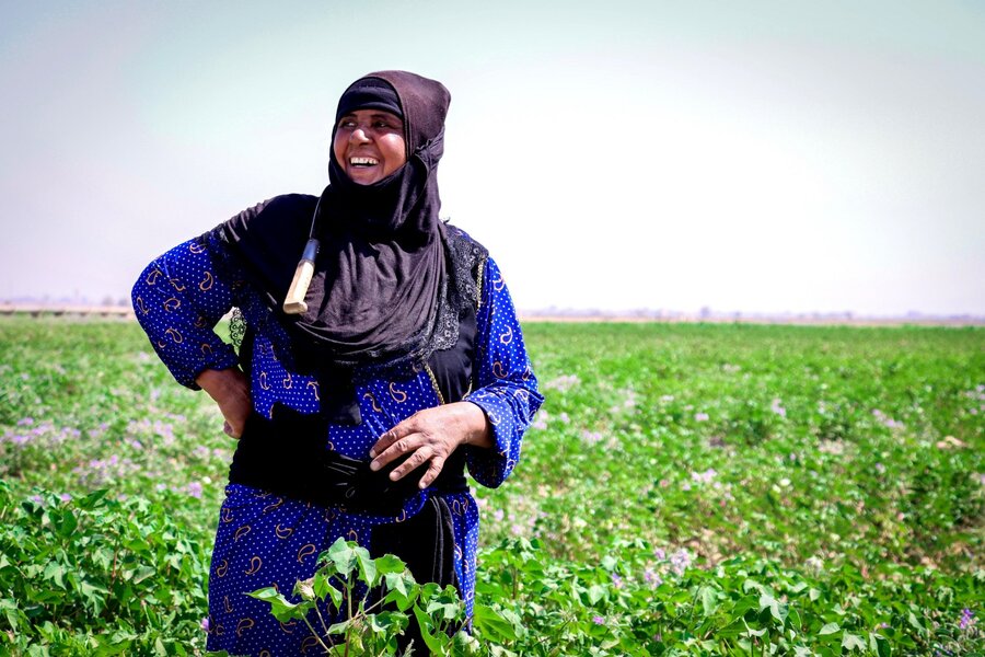 A Syrian woman stands in the middle of her green field in Deir Ezzour