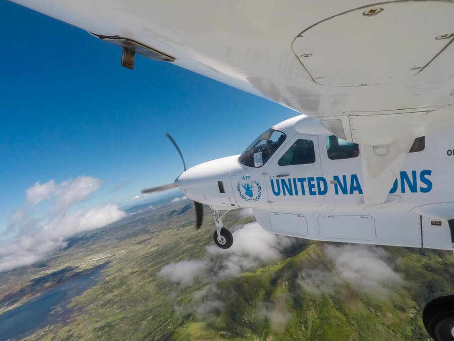 An UNHAS plane flies along the coast of Madagascar's Androy egion near Ambovombe