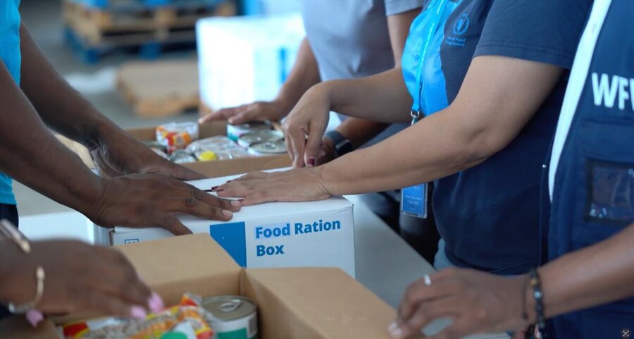 Close up of WFP food boxes being packed