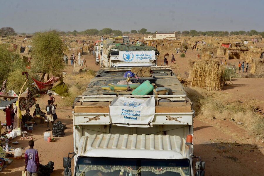 The back of food trucks with the WFP logo arriving at a desert displacement camp. Photo: WFP/Mohamed Galal