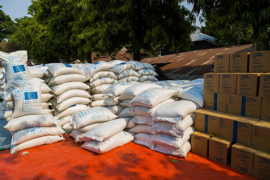 Bags and boxes of WFP food awaiting distribution after Myanmar's earthquake last year. Photo: WFP/Arete/Photolibrary