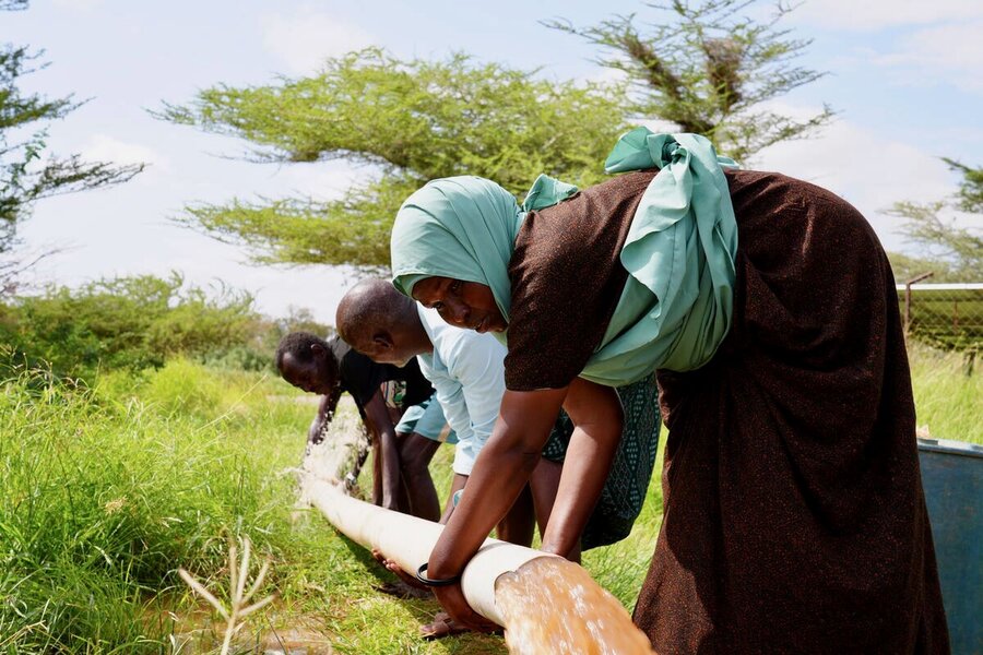A woman in a blue headscarf and two men maneuver an irrigation pipe with water gushing out in a field backdropped by trees. Photo: WFP/Mehedi Rahman