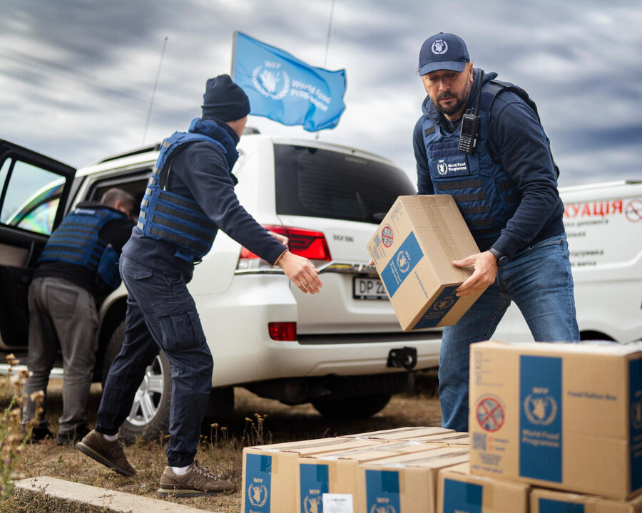 Copilot said:  WFP staff unload humanitarian assistance boxes from vehicles in an open field, with a World Food Programme flag visible under a cloudy sky.