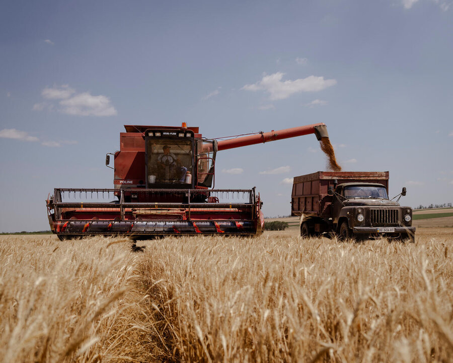 A combine harvester harvests wheat and unloads grain into a truck in a field under a clear sky
